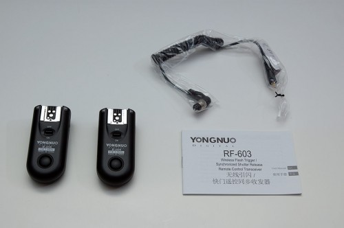 Yongnuo RF-603N transceivers, instruction manual and shutter-release cable