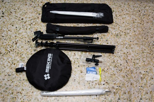 Light stand bag, Monopod, 2.4m Light Stand, 110cm Reflector, Light stand adapter, Diffuser Umbrella and some useless freebies