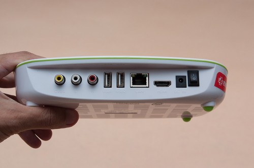 Composite connection ports, 2 x USB ports, 1 x RJ45 LAN port, HDMI port, power adaptor input, physical on/off power switch